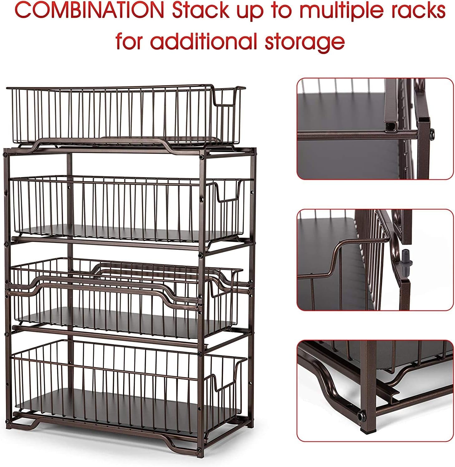 2 Pack Stackable 2 Tier under Sink Cabinet Organizer with Sliding Storage Drawer, Bronze