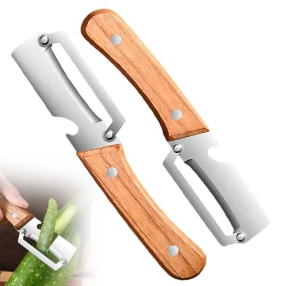 Multi-Functional Vegetable Peeler with Wooden Handle and Bottle Opener Stainless Steel Kitchen Peeler Peeling Tool Kitchen Tool