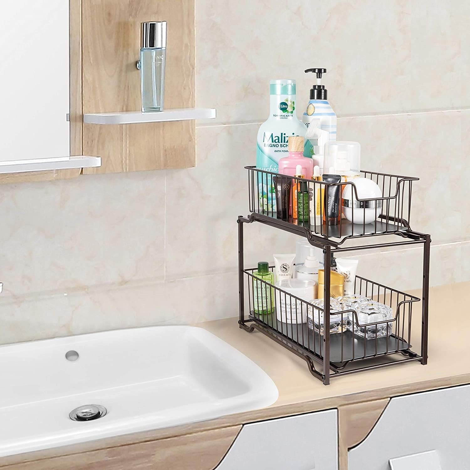 2 Pack Stackable 2 Tier under Sink Cabinet Organizer with Sliding Storage Drawer, Bronze