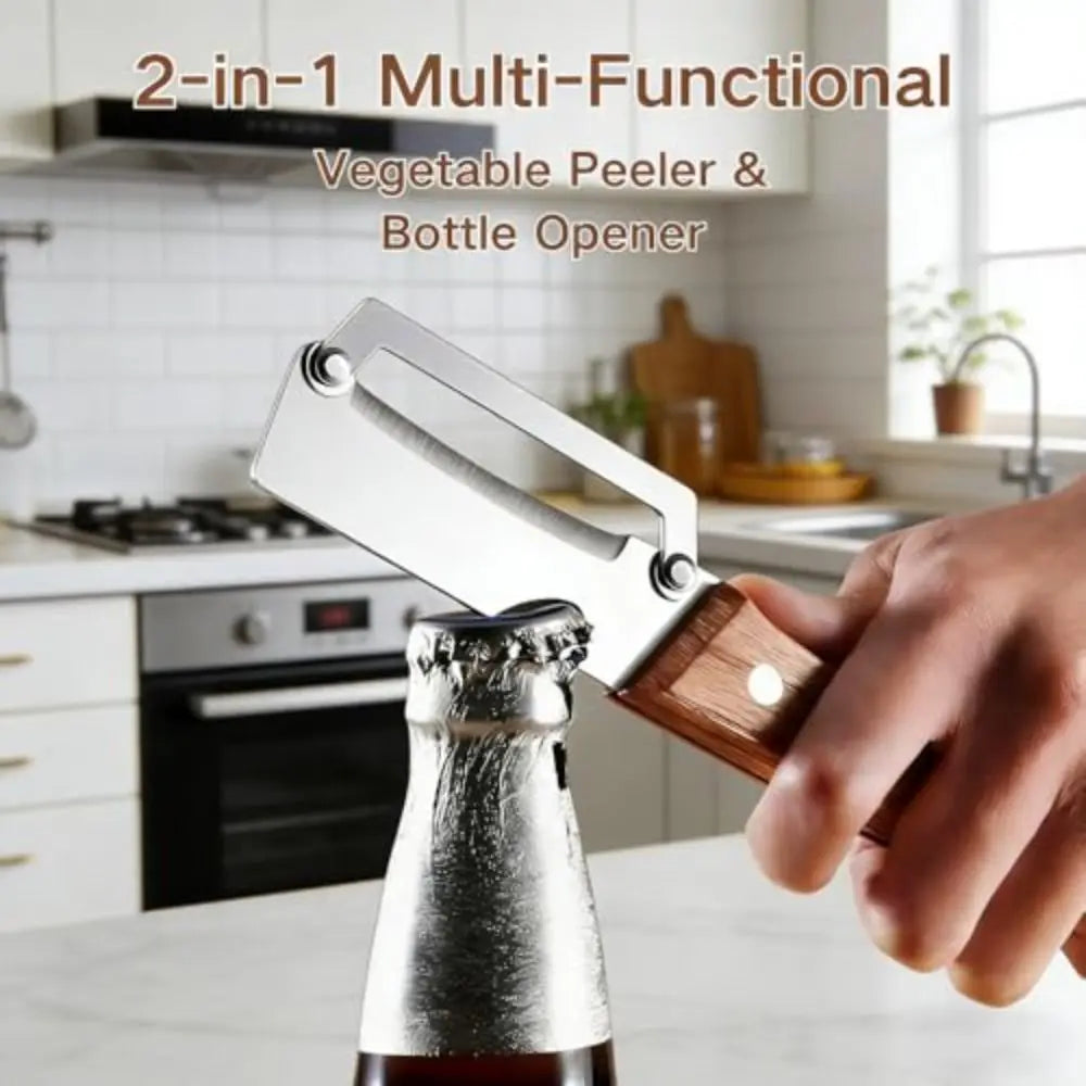 Multi-Functional Vegetable Peeler with Wooden Handle and Bottle Opener Stainless Steel Kitchen Peeler Peeling Tool Kitchen Tool