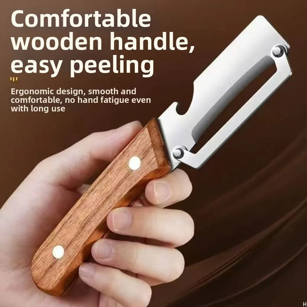 Multi-Functional Vegetable Peeler with Wooden Handle and Bottle Opener Stainless Steel Kitchen Peeler Peeling Tool Kitchen Tool