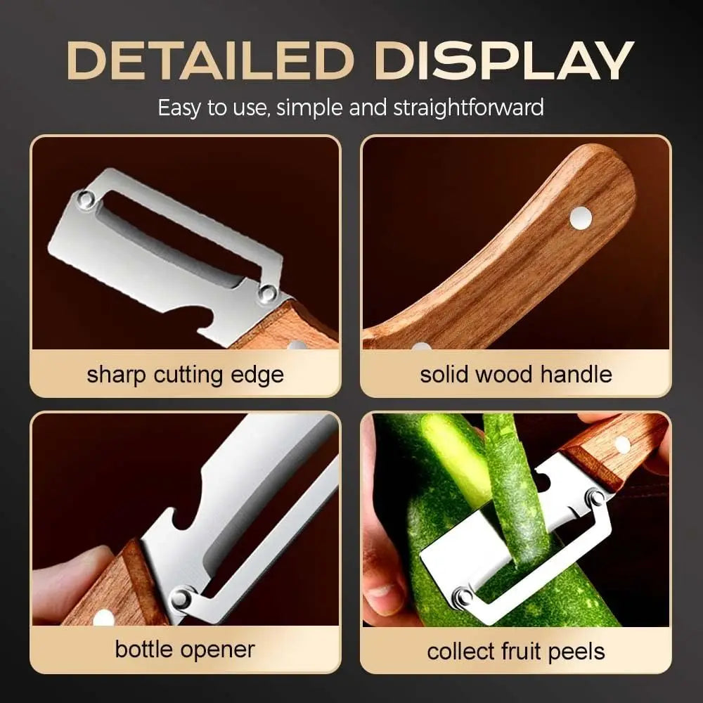 Multi-Functional Vegetable Peeler with Wooden Handle and Bottle Opener Stainless Steel Kitchen Peeler Peeling Tool Kitchen Tool